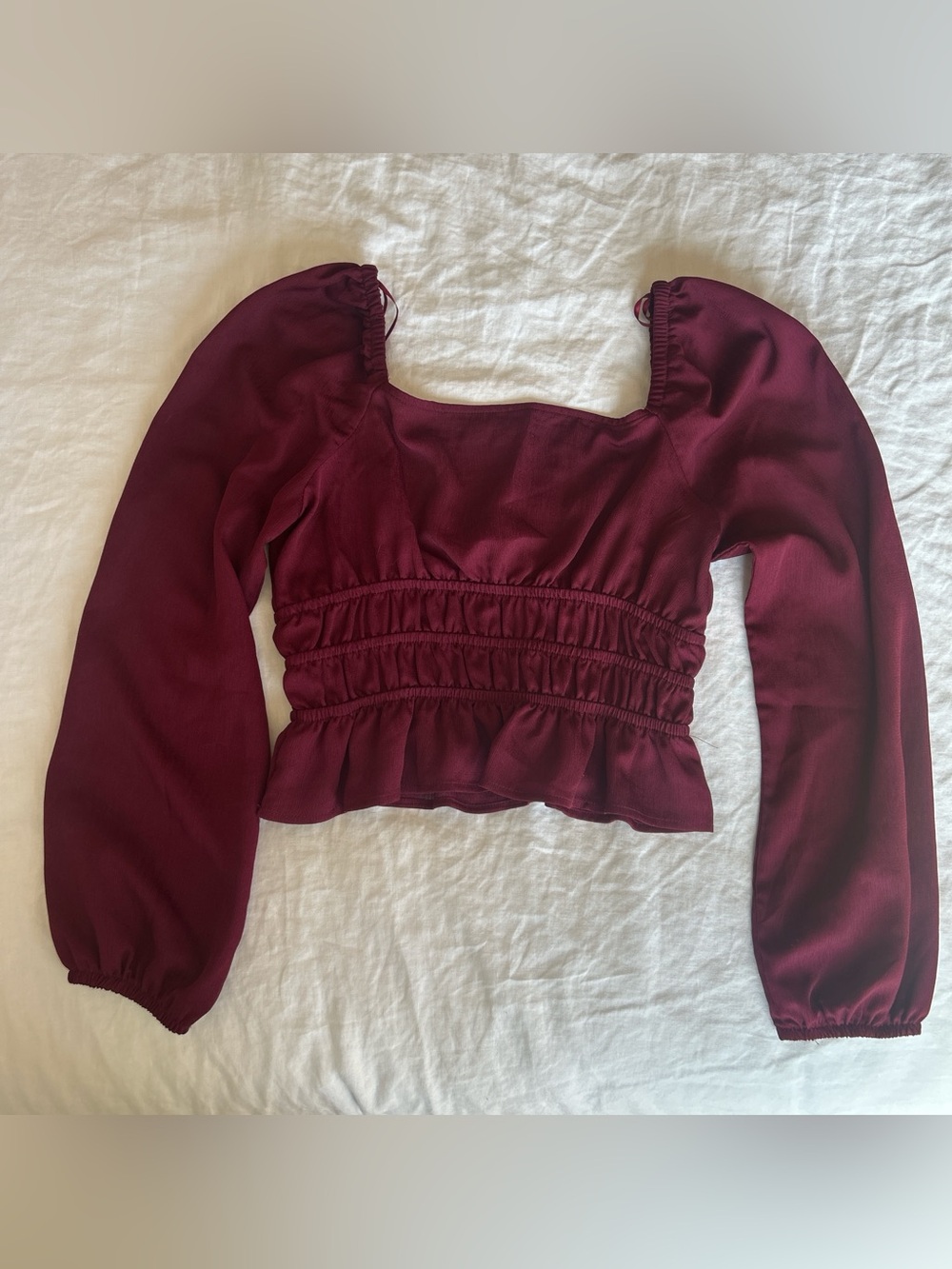 Women’s Burgundy Long Sleeve Smocked Peplum Top